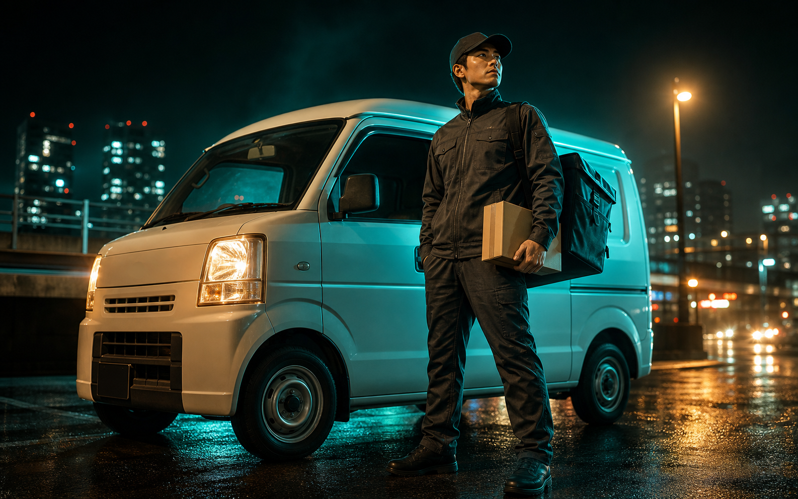夜の街で、ヘッドライトを灯した軽バンの傍らに荷物を抱えて立つ配送ドライバー